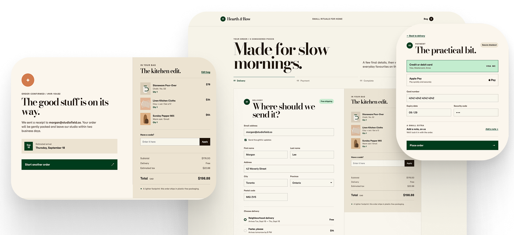 Hearth and Row checkout, order confirmation, and payment screens